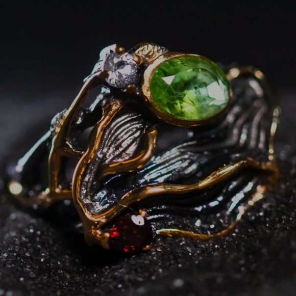 Sage Goddess Jewelry - Peridot with White Topaz and Garnet Ring